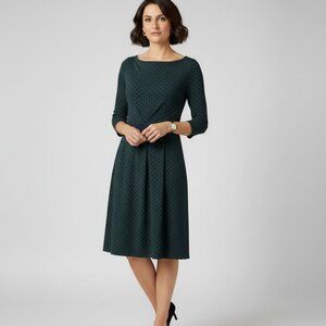 Boden Dress Veronica Jersey Smart Pleated Sheath Day Green Navy Knit Women sz 12